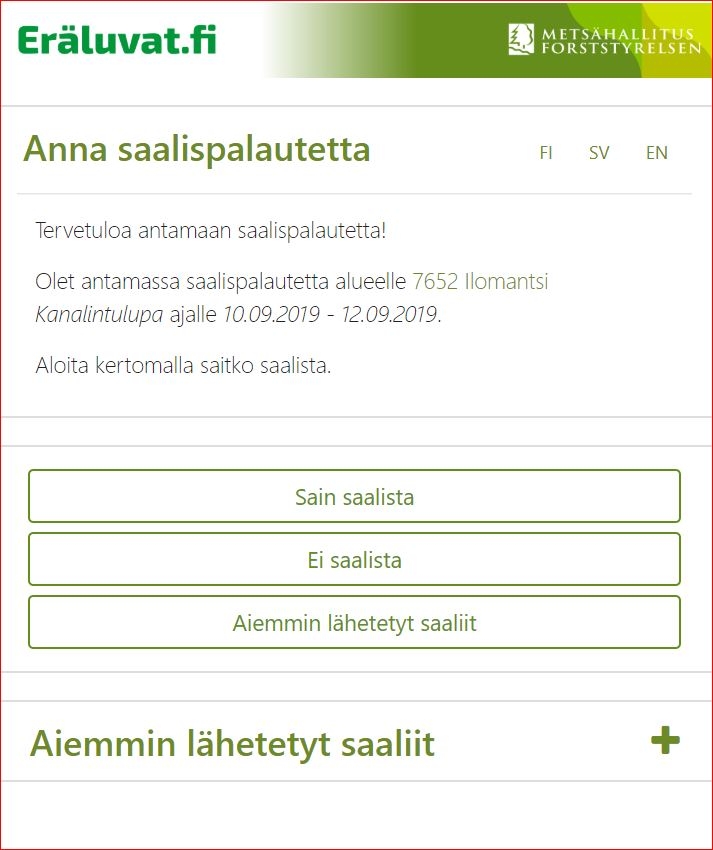 Uuden saalispalautejärjestelmän etusivu