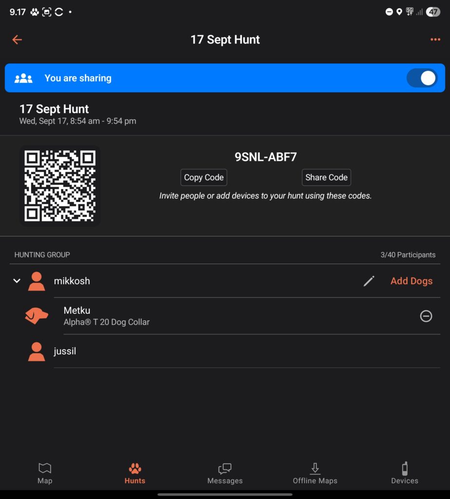 Garmin Alpha mobiilisovelluksen ruutunäkymä jossa ryhmäjahdin asetukset